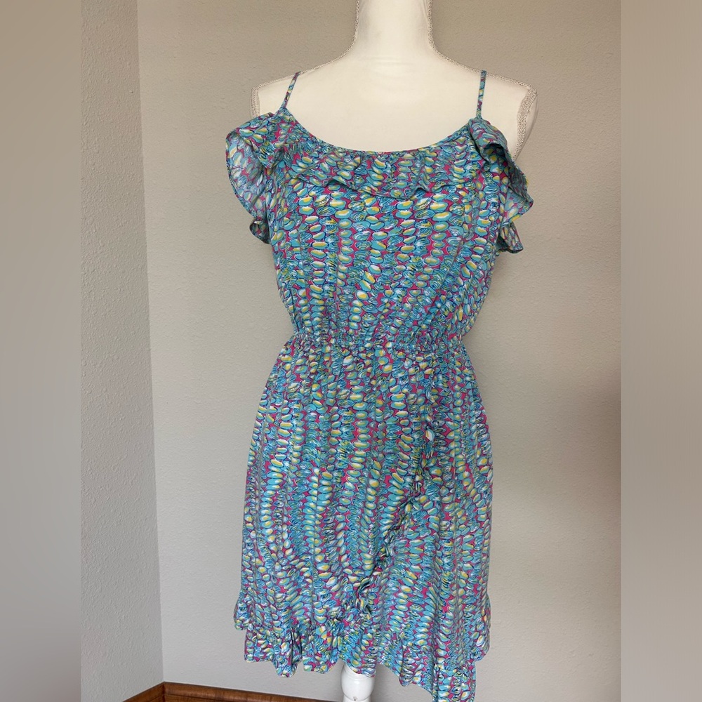 Lilly Pulitzer Kalen Multi Clam Jam Flounce Ruffle Faux Wrap Blue Dress,‎ L
